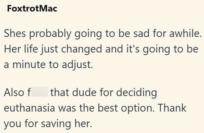 FoxtrotMac Shes probably going to be sad for awhile. Her life just changed and it's going to be a minute to adjust. Also f that dude for deciding euthanasia was the best option. Thank you for saving her.