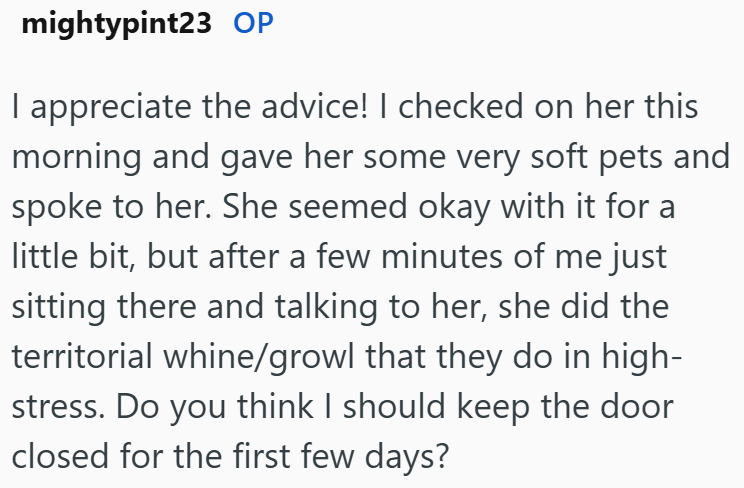 mightypint23 OP I appreciate the advice! I checked on her this morning and gave her some very soft pets and spoke to her. She seemed okay with it for a little bit, but after a few minutes of me just sitting there and talking to her, she did the territorial whine/growl that they do in high- stress. Do you think I should keep the door closed for the first few days?