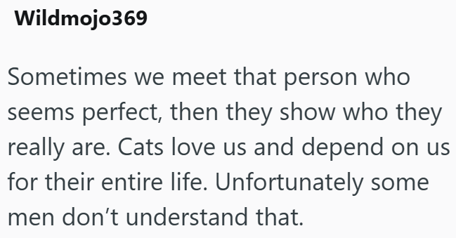 Wildmojo369 Sometimes we meet that person who seems perfect, then they show who they really are. Cats love us and depend on us for their entire life. Unfortunately some men don't understand that.