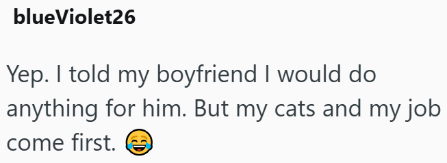 blueViolet26 Yep. I told my boyfriend I would do anything for him. But my cats and my job come first.