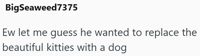 BigSeaweed 7375 Ew let me guess he wanted to replace the beautiful kitties with a dog