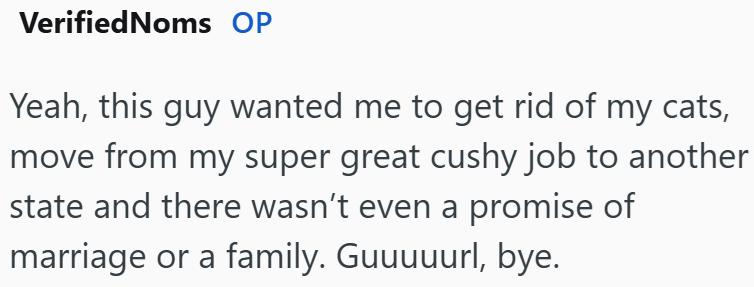 VerifiedNoms OP Yeah, this guy wanted me to get rid of my cats, move from my super great cushy job to another state and there wasn't even a promise of marriage or a family. Guuuuurl, bye.