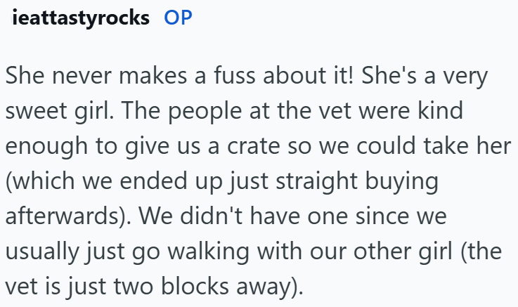 ieattastyrocks OP She never makes a fuss about it! She's a very sweet girl. The people at the vet were kind enough to give us a crate so we could take her (which we ended up just straight buying afterwards). We didn't have one since we usually just go walking with our other girl (the vet is just two blocks away).