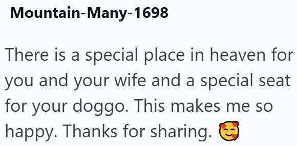 Mountain-Many-1698 There is a special place in heaven for you and your wife and a special seat for your doggo. This makes me so happy. Thanks for sharing.