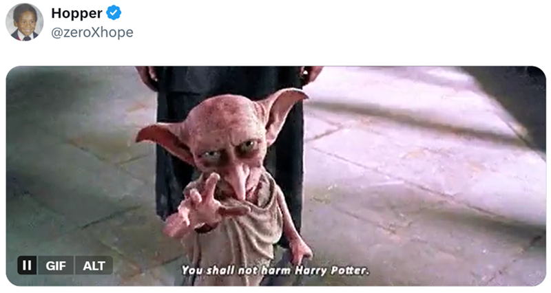 Hopper @zeroXhope II GIF ALT You shall not harm Harry Potter.