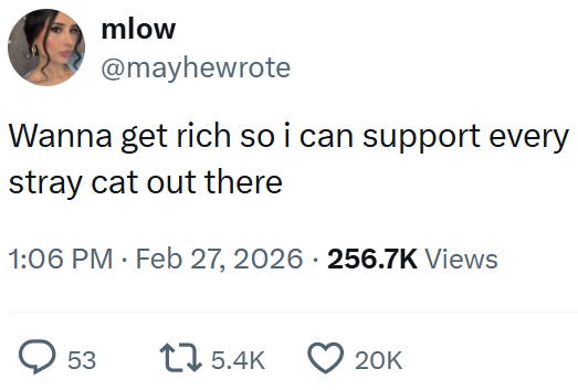 mlow @mayhewrote Wanna get rich so i can support every stray cat out there 1:06 PM Feb 27, 2026 256.7K Views • ○ 53 15.4K 20K