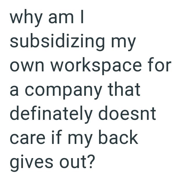 why am I subsidizing my own workspace for a company that definately doesnt care if my back gives out?
