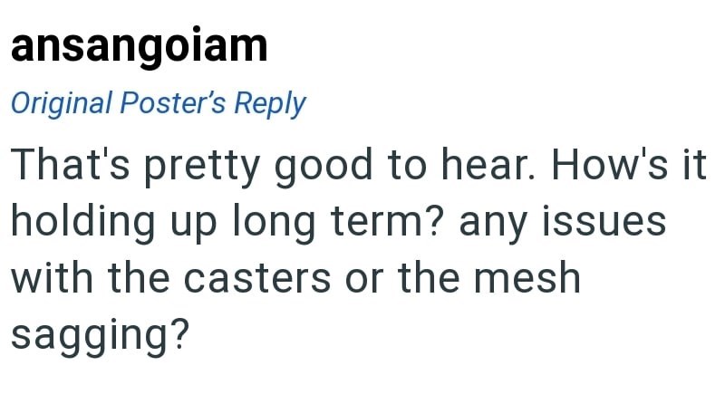 ansangoiam Original Poster's Reply That's pretty good to hear. How's it holding up long term? any issues with the casters or the mesh sagging?