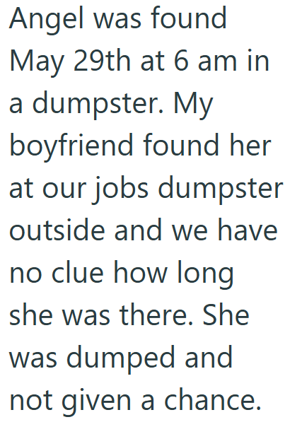 Angel was found May 29th at 6 am in a dumpster. My boyfriend found her at our jobs dumpster outside and we have no clue how long she was there. She was dumped and not given a chance.