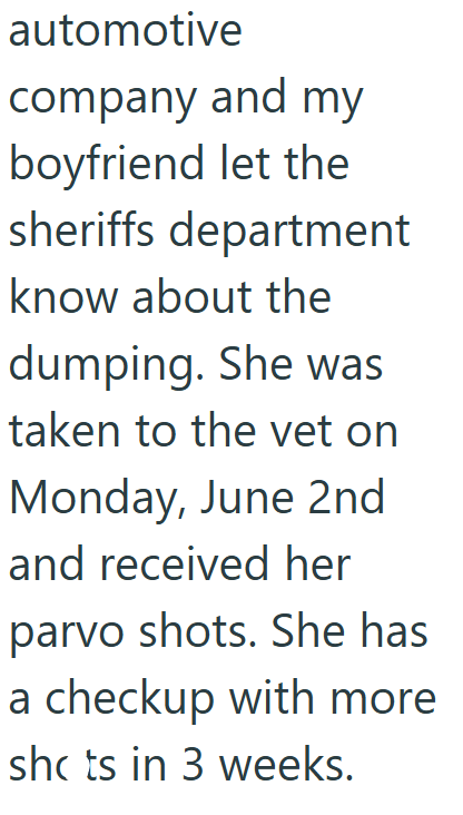 automotive company and my boyfriend let the sheriffs department know about the dumping. She was taken to the vet on Monday, June 2nd and received her parvo shots. She has a checkup with more shots in 3 weeks.