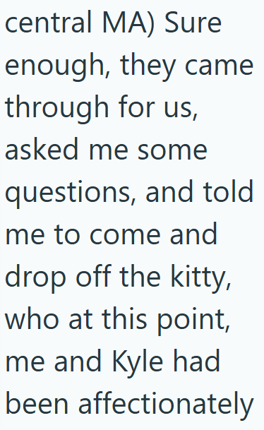 central MA) Sure enough, they came through for us, asked me some questions, and told me to come and drop off the kitty, who at this point, me and Kyle had been affectionately
