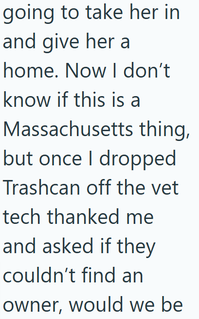 going to take her in and give her a home. Now I don't know if this is a Massachusetts thing, but once I dropped Trashcan off the vet tech thanked me and asked if they couldn't find an owner, would we be
