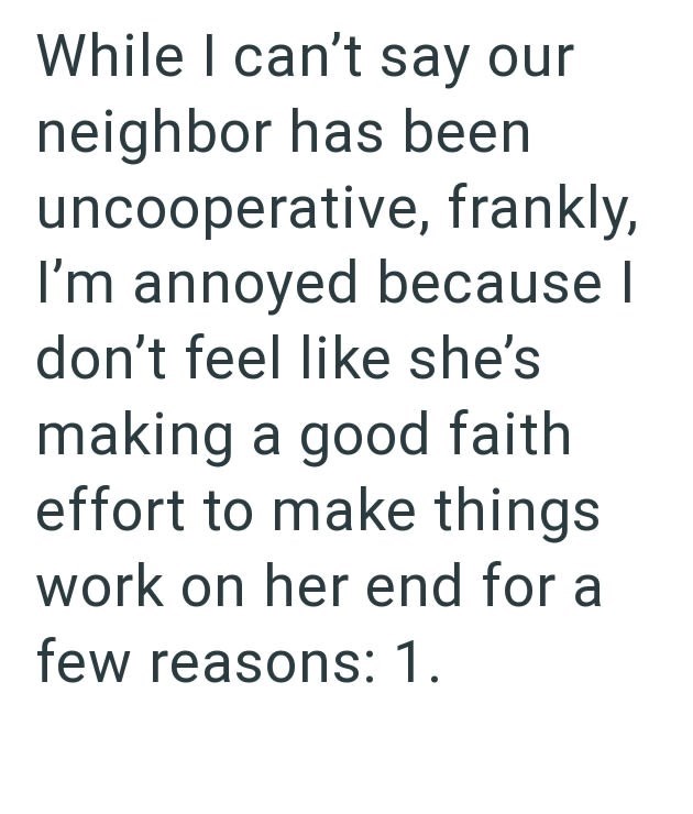 While I can't say our neighbor has been uncooperative, frankly, I'm annoyed because I don't feel like she's making a good faith effort to make things work on her end for a few reasons: 1.
