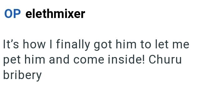 OP elethmixer It's how I finally got him to let me pet him and come inside! Churu bribery