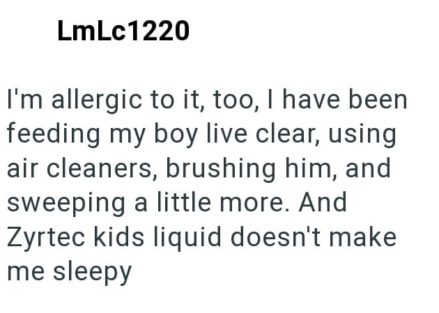 LmLc1220 I'm allergic to it, too, I have been feeding my boy live clear, using air cleaners, brushing him, and sweeping a little more. And Zyrtec kids liquid doesn't make me sleepy