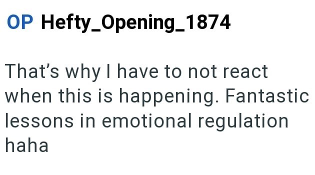 OP Hefty_Opening_1874 That's why I have to not react when this is happening. Fantastic lessons in emotional regulation haha