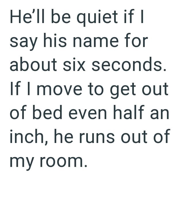 He'll be quiet if I say his name for about six seconds. If I move to get out of bed even half an inch, he runs out of my room.