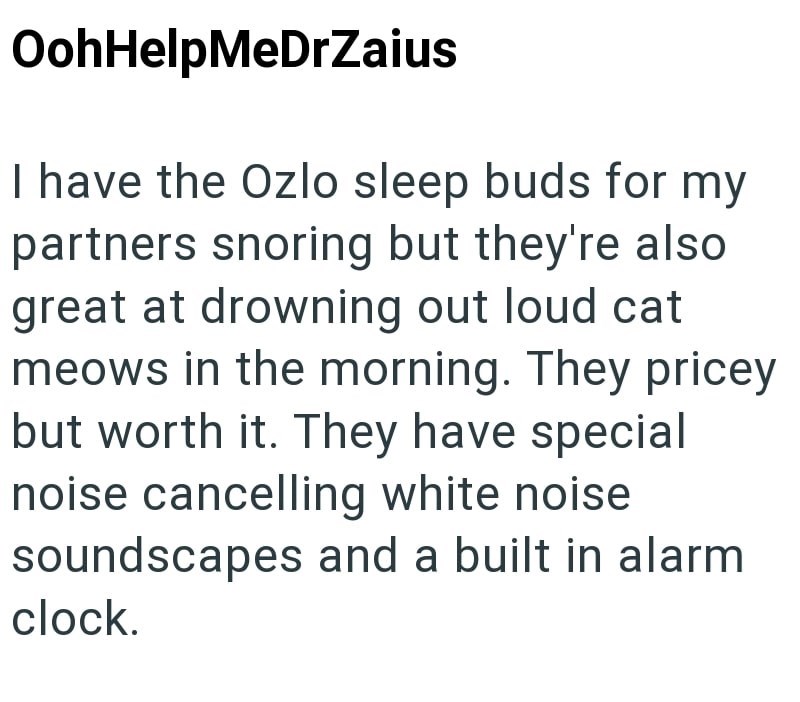 OohHelpMeDrZaius I have the Ozlo sleep buds for my partners snoring but they're also great at drowning out loud cat meows in the morning. They pricey but worth it. They have special noise cancelling white noise soundscapes and a built in alarm clock.
