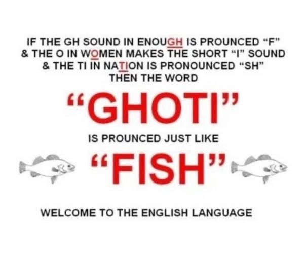 IF THE GH SOUND IN ENOUGH IS PROUNCED "F" & THE O IN WOMEN MAKES THE SHORT "I" SOUND & THE TI IN NATION IS PRONOUNCED "SH" THEN THE WORD "GHOTI❞ IS PROUNCED JUST LIKE "FISH" WELCOME TO THE ENGLISH LANGUAGE