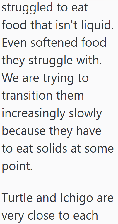 struggled to eat food that isn't liquid. Even softened food they struggle with. We are trying to transition them increasingly slowly because they have to eat solids at some point. Turtle and Ichigo are very close to each