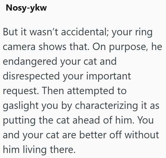 Nosy-ykw But it wasn't accidental; your ring camera shows that. On purpose, he endangered your cat and disrespected your important request. Then attempted to gaslight you by characterizing it as putting the cat ahead of him. You and your cat are better off without him living there.
