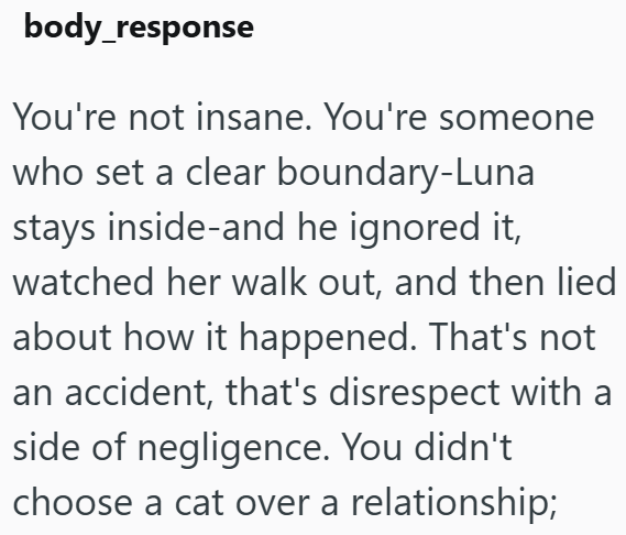 body_response You're not insane. You're someone who set a clear boundary-Luna stays inside-and he ignored it, watched her walk out, and then lied about how it happened. That's not an accident, that's disrespect with a side of negligence. You didn't choose a cat over a relationship;