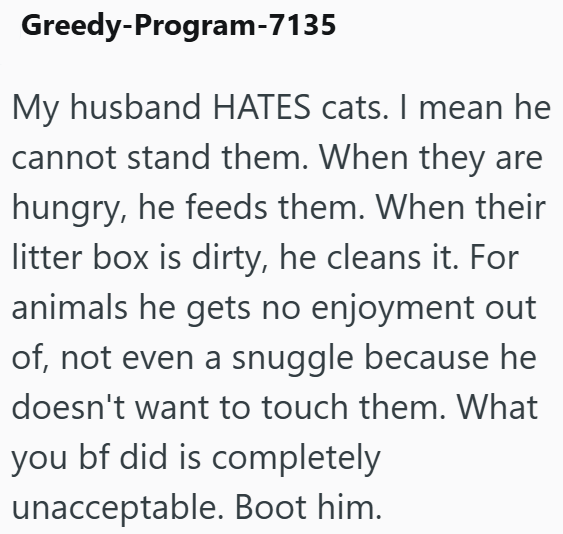 Greedy-Program-7135 My husband HATES cats. I mean he cannot stand them. When they are hungry, he feeds them. When their litter box is dirty, he cleans it. For animals he gets no enjoyment out of, not even a snuggle because he doesn't want to touch them. What you bf did is completely unacceptable. Boot him.