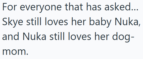 For everyone that has asked... Skye still loves her baby Nuka, and Nuka still loves her dog- mom.