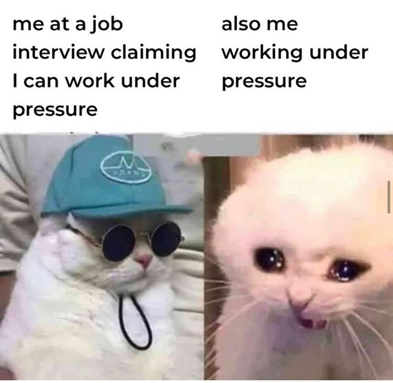 me at a job interview claiming also me working under I can work under pressure pressure M