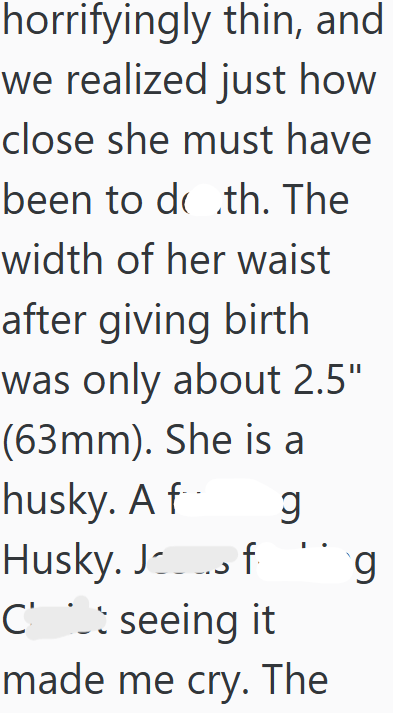 horrifyingly thin, and we realized just how close she must have been to do.th. The width of her waist after giving birth was only about 2.5" (63mm). She is a husky. A f Husky. Jos f g C seeing it made me cry. The g