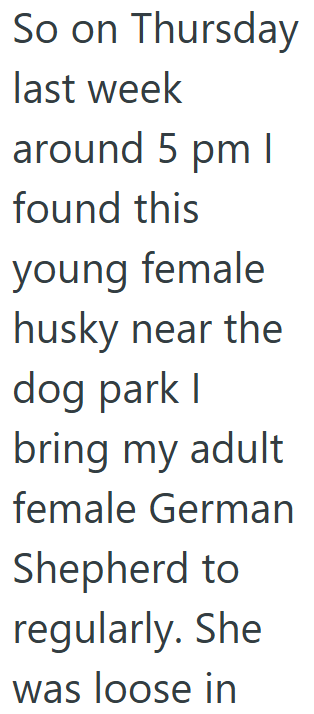 So on Thursday last week around 5 pm I found this young female husky near the dog park I bring my adult female German Shepherd to regularly. She was loose in