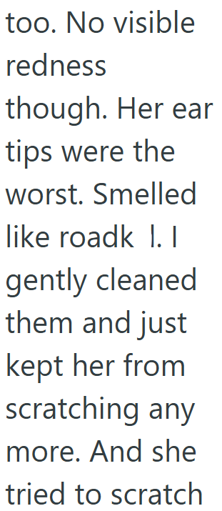 too. No visible redness though. Her ear tips were the worst. Smelled like roadk I. I gently cleaned them and just kept her from scratching any more. And she tried to scratch