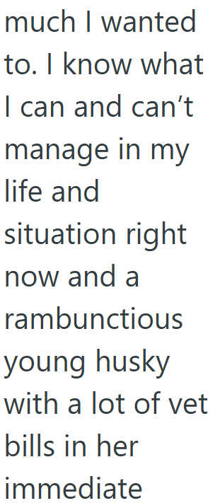 much I wanted to. I know what I can and can't manage in my life and situation right now and a rambunctious young husky with a lot of vet bills in her immediate