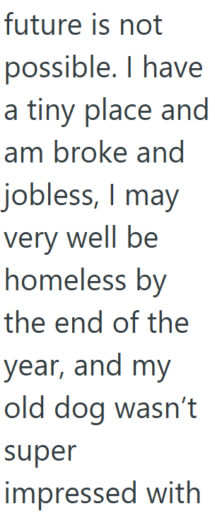 future is not possible. I have a tiny place and am broke and jobless, I may very well be homeless by the end of the year, and my old dog wasn't super impressed with