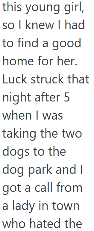 this young girl, so I knew I had to find a good home for her. Luck struck that night after 5 when I was taking the two dogs to the dog park and I got a call from a lady in town who hated the