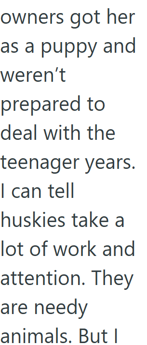owners got her as a puppy and weren't prepared to deal with the teenager years. I can tell huskies take a lot of work and attention. They are needy animals. But I