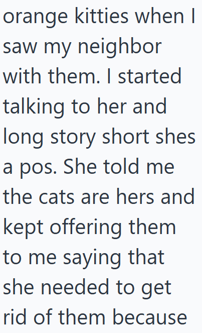 orange kitties when I saw my neighbor with them. I started talking to her and long story short shes a pos. She told me the cats are hers and kept offering them to me saying that she needed to get rid of them because