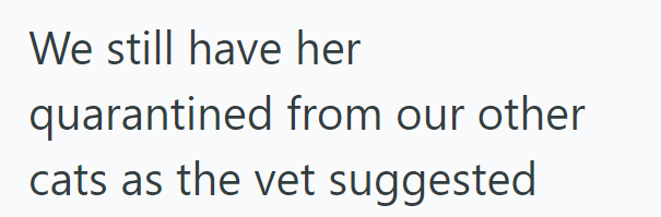 We still have her quarantined from our other cats as the vet suggested
