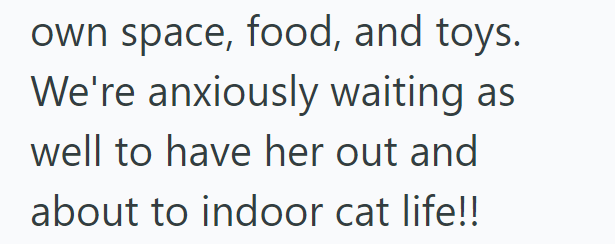 own space, food, and toys. We're anxiously waiting as well to have her out and about to indoor cat life!!