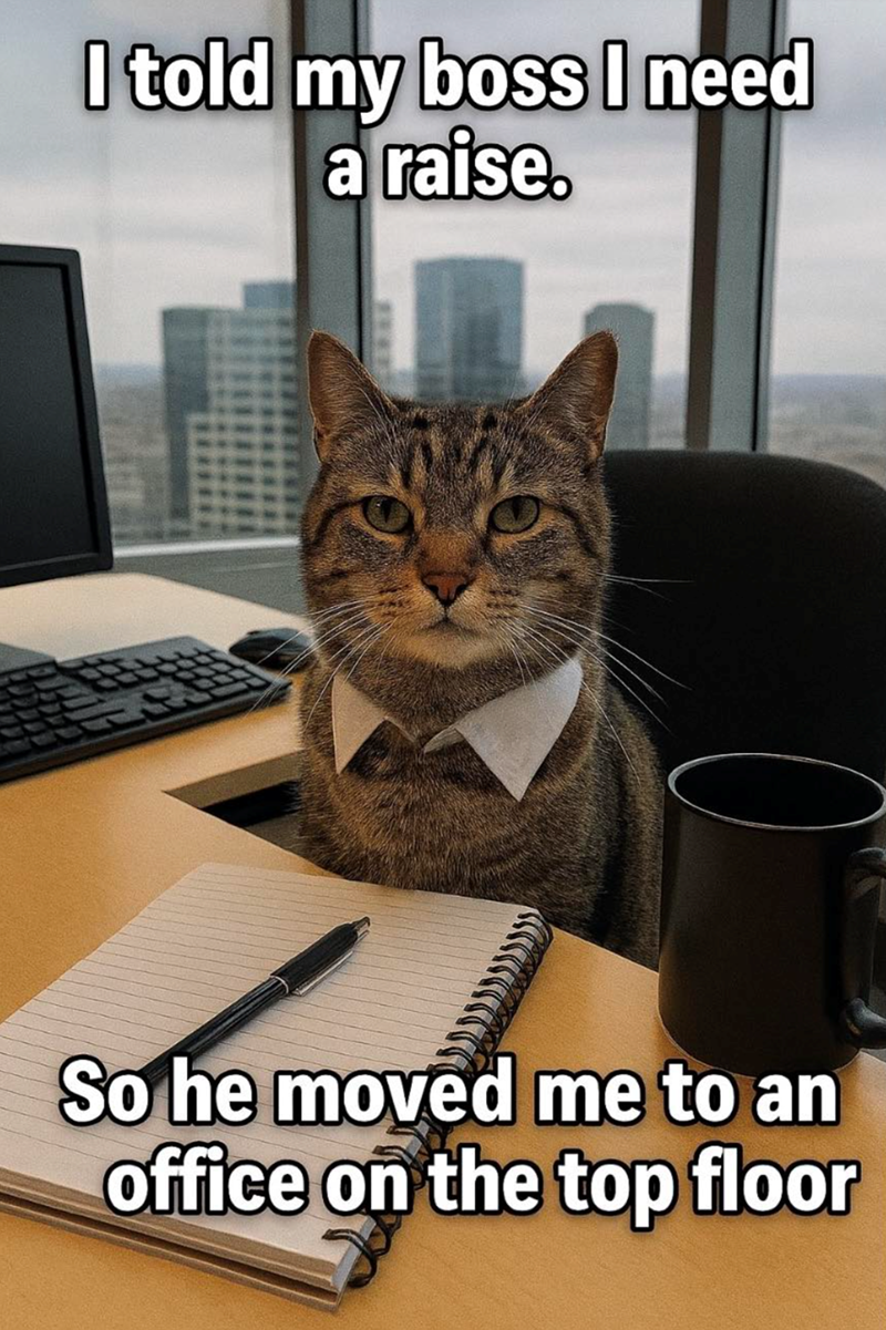 I told my boss I need a raise. So he moved me to an office on the top floor