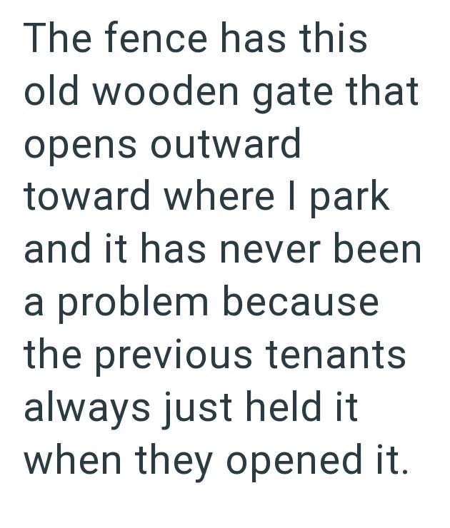 The fence has this old wooden gate that opens outward toward where I park and it has never been a problem because the previous tenants always just held it when they opened it.
