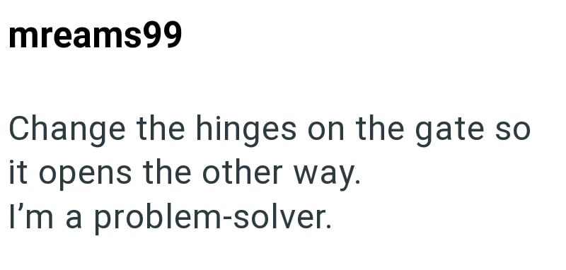 mreams99 Change the hinges on the gate so it opens the other way. I'm a problem-solver.