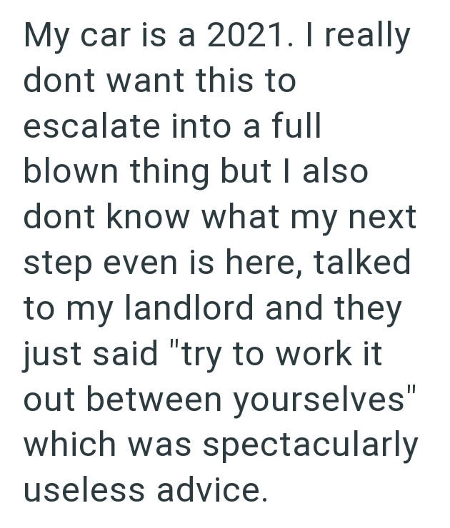 My car is a 2021. I really dont want this to escalate into a full blown thing but I also dont know what my next step even is here, talked to my landlord and they just said "try to work it out between yourselves" which was spectacularly useless advice.