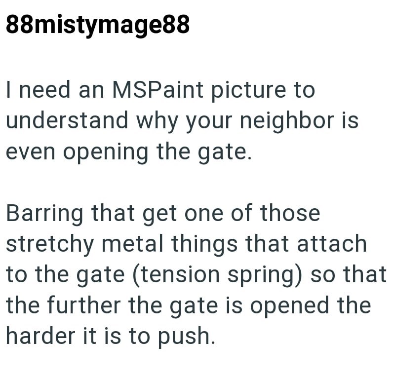 88mistymage88 I need an MSPaint picture to understand why your neighbor is even opening the gate. Barring that get one of those stretchy metal things that attach to the gate (tension spring) so that the further the gate is opened the harder it is to push.