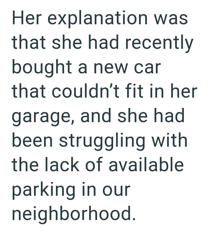 Her explanation was that she had recently bought a new car that couldn't fit in her garage, and she had been struggling with the lack of available parking in our neighborhood.