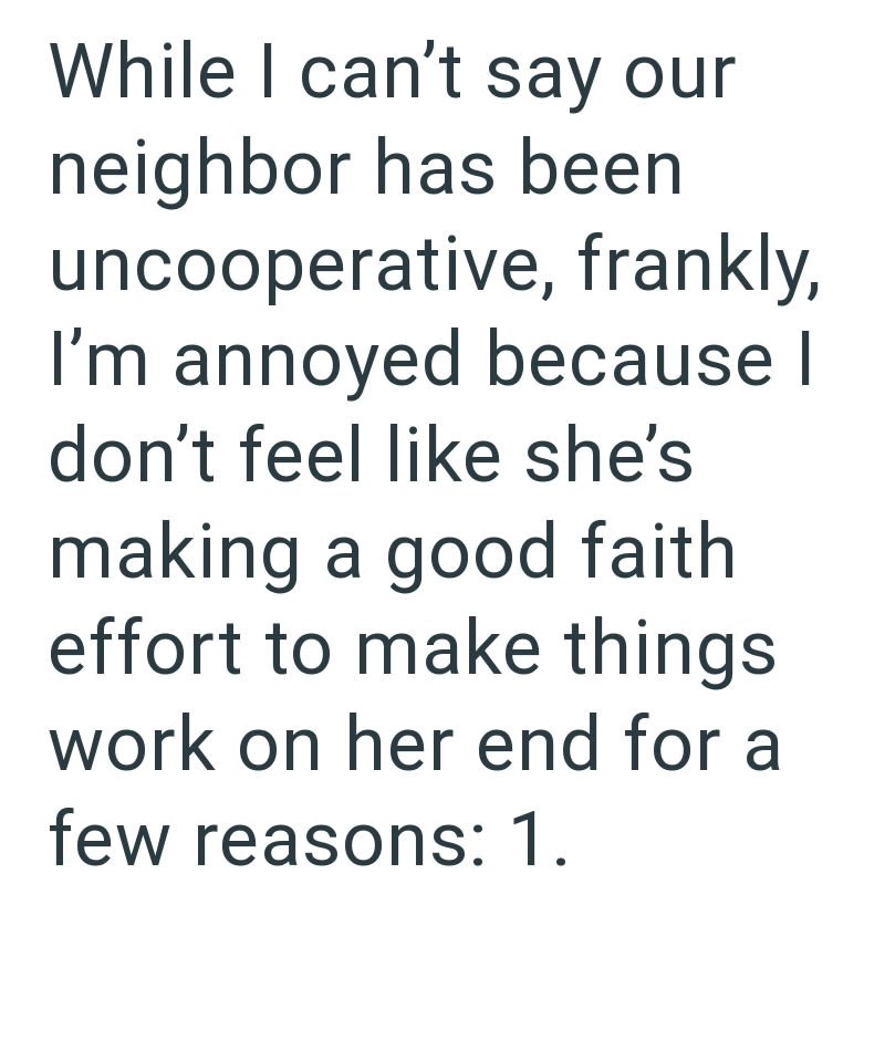 While I can't say our neighbor has been uncooperative, frankly, I'm annoyed because I don't feel like she's making a good faith effort to make things work on her end for a few reasons: 1.