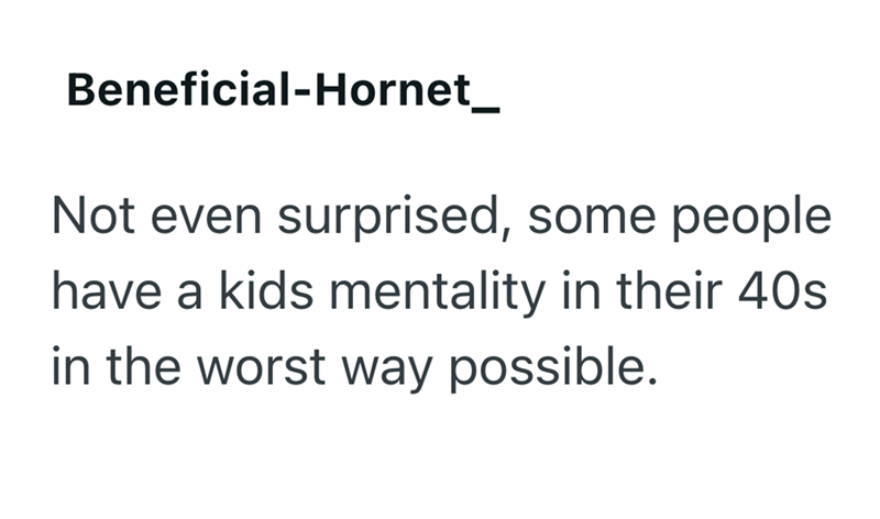Beneficial-Hornet_ Not even surprised, some people have a kids mentality in their 40s in the worst way possible.