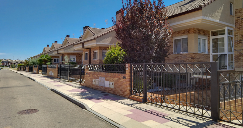 Residential street with brick row houses