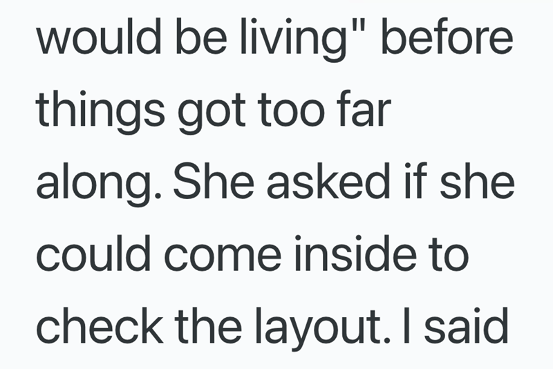 would be living" before things got too far along. She asked if she could come inside to check the layout. I said