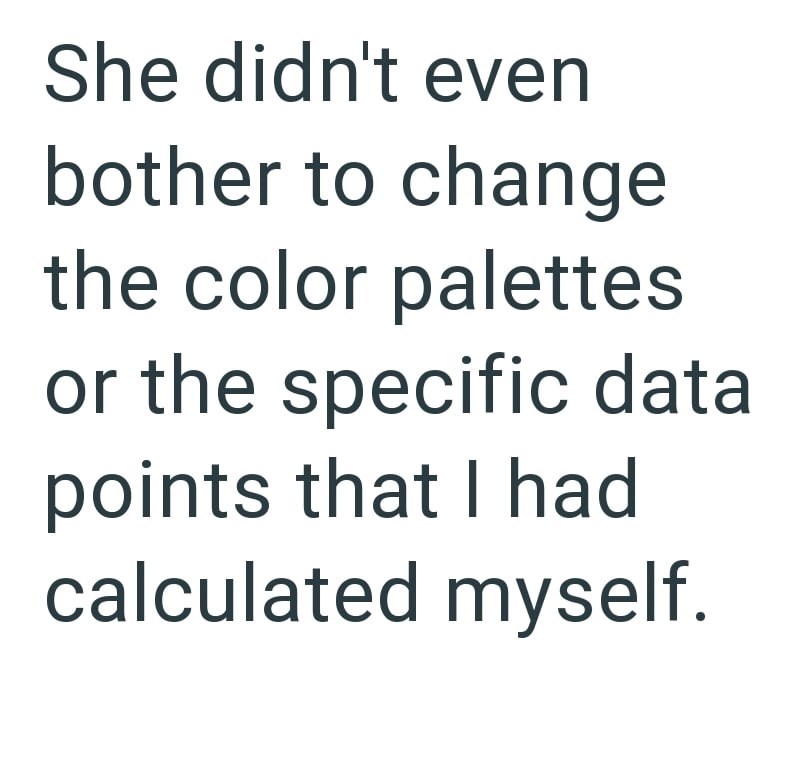 She didn't even bother to change the color palettes or the specific data points that I had calculated myself.